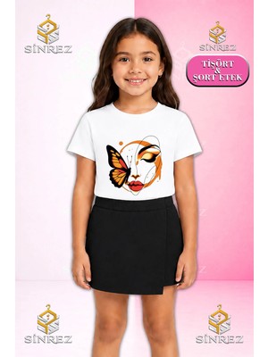 Sinrez Kız Çocuk Takım Butterfly Gırl On Face Baskılı Kısa Kol Tişört Şort Etek