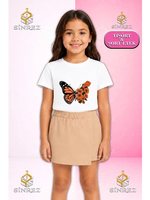Sinrez Kız Çocuk Takım Butterfly Turuncu Kanat Cıcek Baskılı Kısa Kol Tişört Şort Etek