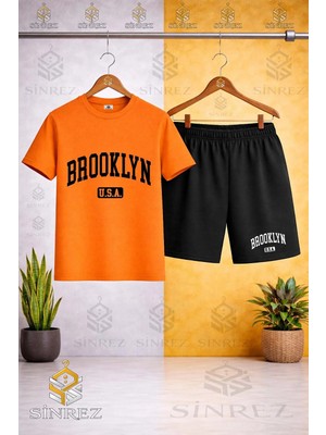 Sinrez Bisiklet Yaka Çocuk Brooklyn Alt Usa Sıyah Baskılı Tişört - Şort Takım