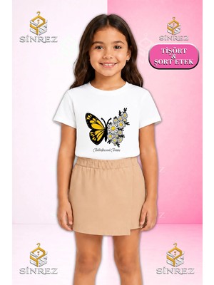 Sinrez Kız Çocuk Takım Butterfly Sarı Kanat Papatya Baskılı Kısa Kol Tişört Şort Etek