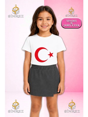 Sinrez Kız Çocuk Takım Ay Yıldız Kırmızı Baskılı Kısa Kol Tişört Şort Etek