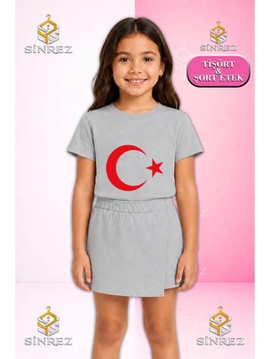 Sinrez Kız Çocuk Takım Ay Yıldız Kırmızı Baskılı Kısa Kol Tişört Şort Etek