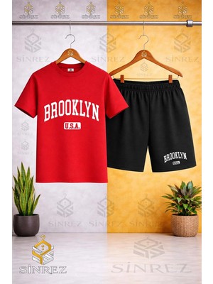 Sinrez Bisiklet Yaka Çocuk Brooklyn Alt Usa Beyaz Baskılı Tişört - Şort Takım