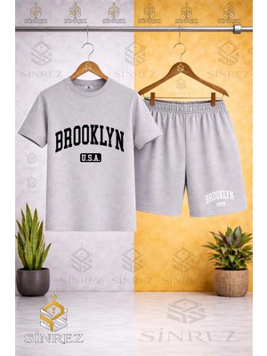 Sinrez Bisiklet Yaka Çocuk Brooklyn Alt Usa Sıyah Baskılı Tişört - Şort Takım