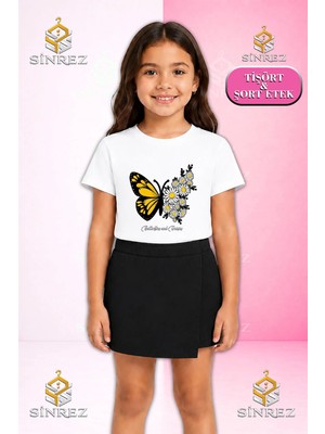 Sinrez Kız Çocuk Takım Butterfly Sarı Kanat Papatya Baskılı Kısa Kol Tişört Şort Etek