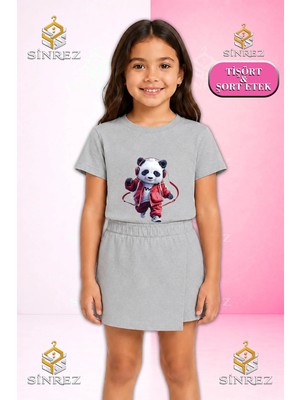 Sinrez Kız Çocuk Takım Panda Kırmızı Kulaklık Baskılı Kısa Kol Tişört Şort Etek