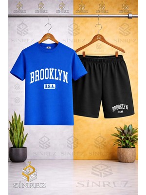 Sinrez Bisiklet Yaka Çocuk Brooklyn Alt Usa Beyaz Baskılı Tişört - Şort Takım
