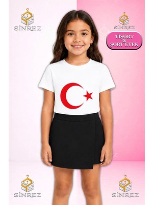 Sinrez Kız Çocuk Takım Ay Yıldız Kırmızı Baskılı Kısa Kol Tişört Şort Etek