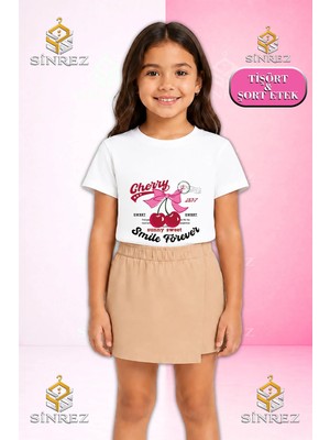 Sinrez Kız Çocuk Takım Cherry Smıle Forever Baskılı Kısa Kol Tişört Şort Etek
