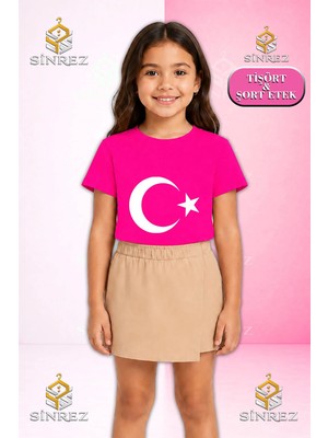 Sinrez Kız Çocuk Takım Ay Yıldız Beyaz Baskılı Kısa Kol Tişört Şort Etek
