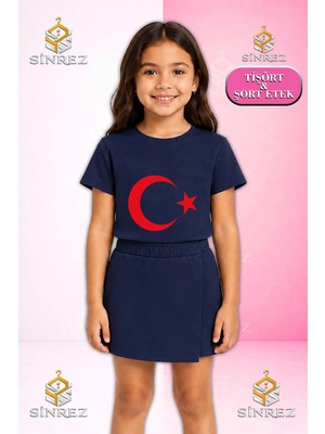 Sinrez Kız Çocuk Takım Ay Yıldız Kırmızı Baskılı Kısa Kol Tişört Şort Etek