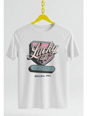 Ontunew Lucky Life Las Vegas Baskılı Retro T-Shirt Vintage Standart Kalıp Bisiklet Yaka Pamuklu Kadın ve Erkek Tshırt