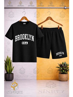 Sinrez Bisiklet Yaka Çocuk Brooklyn Alt Usa Beyaz Baskılı Tişört - Şort Takım