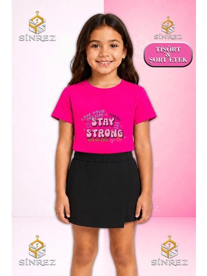 Sinrez Kız Çocuk Takım Stay Strong Pembe Yazı Baskılı Kısa Kol Tişört Şort Etek