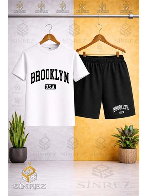 Sinrez Bisiklet Yaka Çocuk Brooklyn Alt Usa Sıyah Baskılı Tişört - Şort Takım