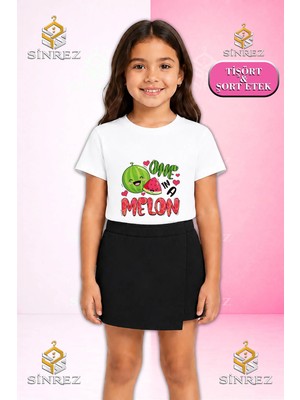 Sinrez Kız Çocuk Takım Karpuz One Melon Yazılı Baskılı Kısa Kol Tişört Şort Etek