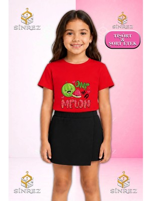 Sinrez Kız Çocuk Takım Karpuz One Melon Yazılı Baskılı Kısa Kol Tişört Şort Etek