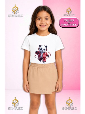 Sinrez Kız Çocuk Takım Panda Kırmızı Kulaklık Baskılı Kısa Kol Tişört Şort Etek
