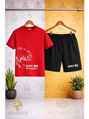 Sinrez Çocuk Unisex Sunny Boy Beyaz Baskılı Bisiklet Yaka Tişört - Şort Takım