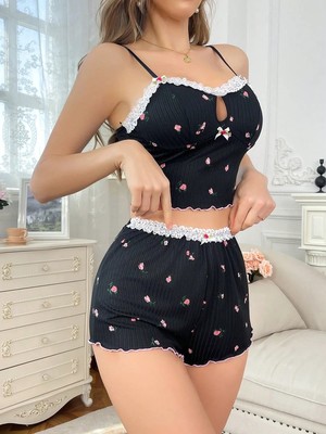 Bnchic Yumuşak Kumaşlı Çiçekli Şortlu Dantelli Gecelik Takımı, Rahat ve Şık Ev Giyim,kadın Pijama