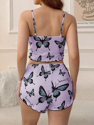 Bnchic Mor Renk Kelebek Desenli Şortlu Ev Giyim Takımı,kadın Yazlık Askılı Pijama, Rahat ve Şık Ev Giyim