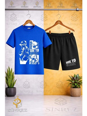 Sinrez Çocuk Unisex Dareto Strat Beyaz Baskılı Bisiklet Yaka Tişört - Şort Takım