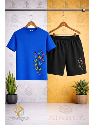 Sinrez Çocuk Unisex Çoklu Kelebek Şöleni Baskılı Bisiklet Yaka Tişört - Şort Takım