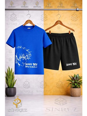 Sinrez Çocuk Unisex Sunny Boy Beyaz Baskılı Bisiklet Yaka Tişört - Şort Takım