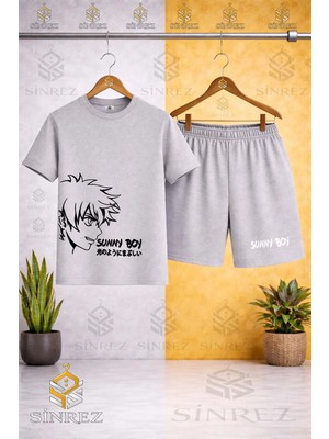 Sinrez Çocuk Unisex Sunny Boy Sıyah Baskılı Bisiklet Yaka Tişört - Şort Takım