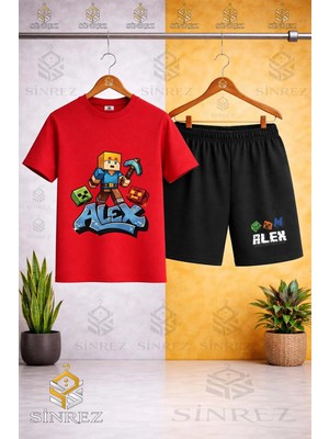 Sinrez Çocuk Unisex Alex Mavi Baltalı Özel Baskılı Bisiklet Yaka Tişört - Şort Takım