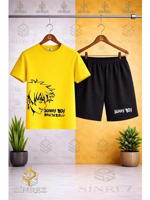 Sinrez Çocuk Unisex Sunny Boy Sıyah Baskılı Bisiklet Yaka Tişört - Şort Takım