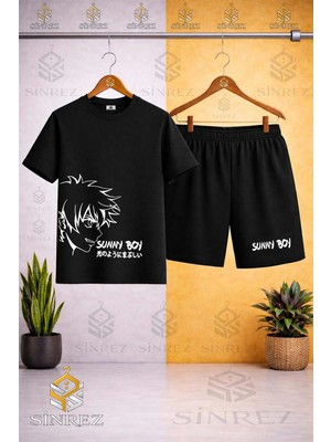 Sinrez Çocuk Unisex Sunny Boy Beyaz Baskılı Bisiklet Yaka Tişört - Şort Takım