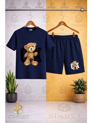 Sinrez Bisiklet Yaka Çocuk Ayıcık Ok Sıyah Baskılı Tişört - Şort Takım