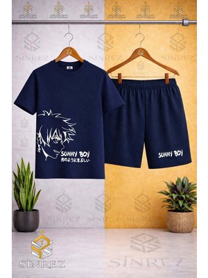 Sinrez Çocuk Unisex Sunny Boy Beyaz Baskılı Bisiklet Yaka Tişört - Şort Takım