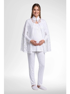 Mecit Pijama Mecit 6402 Elegant Ekru Dantel Pelerinli Lohusa Pijama Takımı