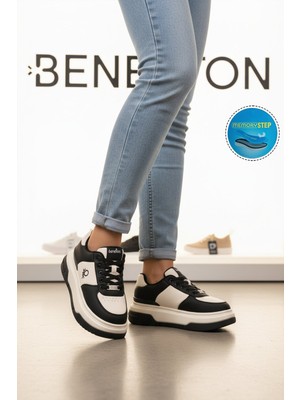 United Colors Of Benetton Siyah Beyaz Bağcıklı Cilt Memory Foam Kadın Spor Ayakkabı BNI-12046 G