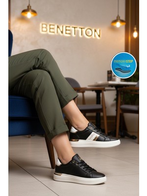 United Colors Of Benetton Siyah Beyaz Bağcıklı Cilt Memory Foam Unisex Spor Ayakkabı BNI-12074 G