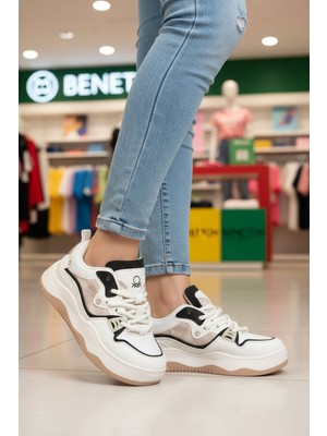 United Colors Of Benetton Beyaz Siyah Bağcıklı Hafif Esnek Kadın Spor Ayakkabı BN-12157 G