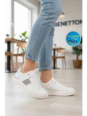 United Colors Of Benetton Bej Gümüş Bağcıklı Cilt Memory Foam Unisex Spor Ayakkabı BNI-12074 G