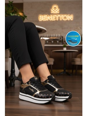 United Colors Of Benetton Siyah Beyaz Bağcıklı Cilt Memory Foam Kadın Spor Ayakkabı BNI-12096 G