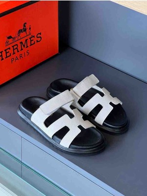 Hermes Lüks Tasarım Kadın Hakiki Süet Sandalet - Kalın Anatomik Tabanlı Cırt Cırt Bantlı Günlük Yazlık Terlik Sandalet