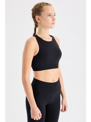 COMEUP Kabartma Çizgili Halter Yaka Sporcu Sütyeni Siyah
