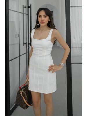Aura7 Collection Kadın Giyim Kare Yaka Fit Gabardin Mini Elbise