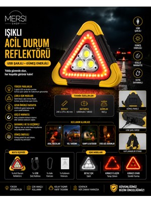 Mersi Shop Işıklı Acil Durum Reflektörü USB Şarjlı Güneş Enerjili Çok Fonksiyonlu