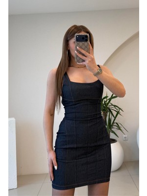Aura7 Collection Kadın Giyim Kare Yaka Fit Gabardin Mini Elbise