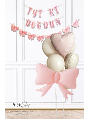Pekshop Pastel Pembe Fiyonk Tema Bannerlı Doğum Günü Balon Seti 269