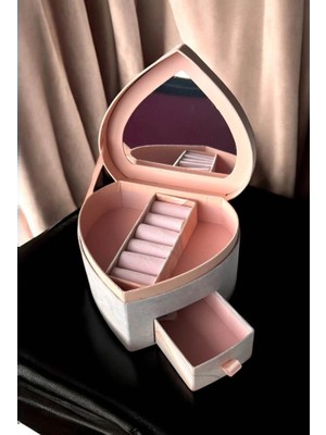 Zurafa Shop Pembe Renk Kalp Figürlü Bölmeli Çekmeceli Takı Organizeri