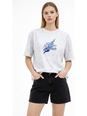 Hace Bazaar Asit Yıkamalı Oversize Tişört Future Worlds Baskılı Bisiklet Yaka Kısa Kollu Streetwear %100