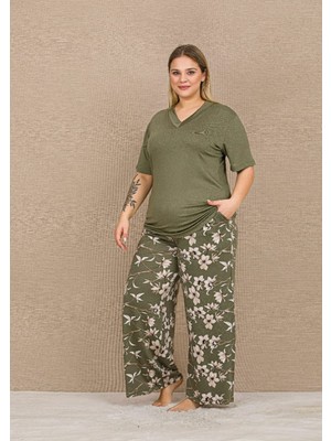 Yare Pijama Kısa Kollu Büyük Beden Viskon Kumaş Haki Pijama Takımı