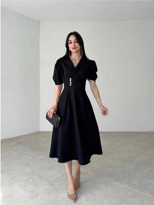 Moda Durağı Kaliteli Midi Elbise Sari Renk Elbise Siyah